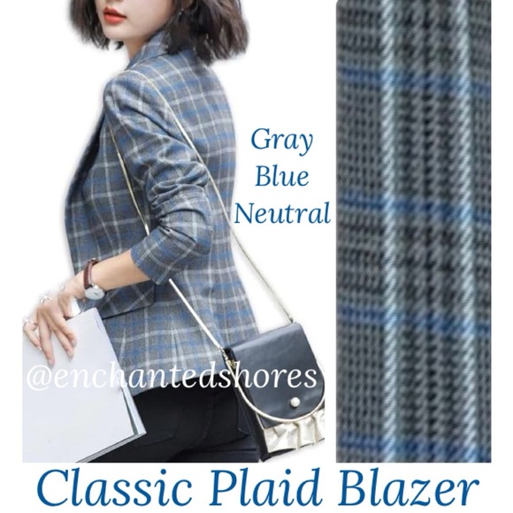 Plaid Blazer Vintage Herringbone Houndstooth Tweed Gray Blue Black Women Size 14
